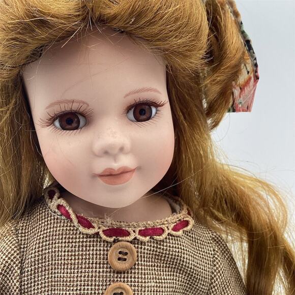 Vintage 16" Porcelain Doll with Teddy Bear & Floral Dress - Picture 7 of 11